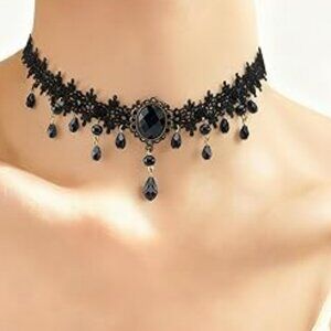 Black Choker Necklace Adjustable Lace and Rhinestones Goth Punk